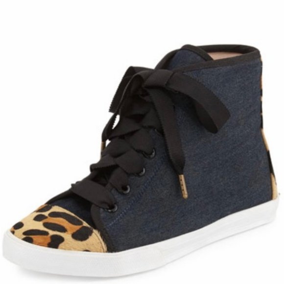 kate spade linus denim & calf hair high-top sneaker shoe size 6.5 nwot - Picture 1 of 10